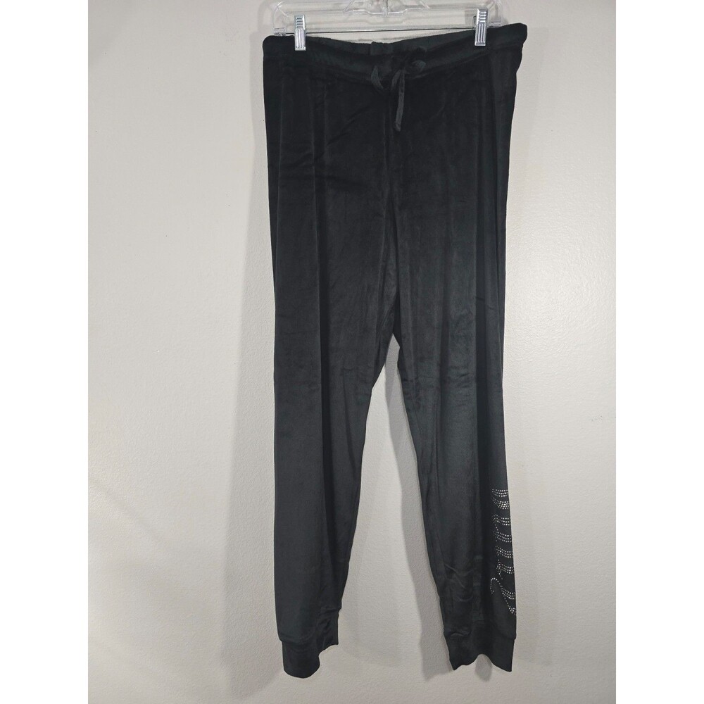 Juicy Couture Womens L Velour Bling Track Pants Rhinestone Black Spellout BK